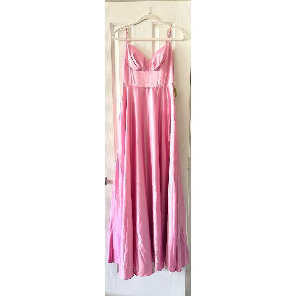 Windsor pink satin finish gown - Gillian Formal Satin A-Line Dress with slit siz - Picture 4 of 5